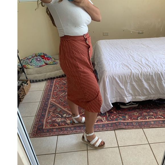 Rust Orange with White Stripes Button Midi Skirt - Picture 3 of 3